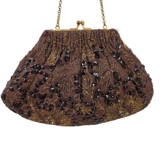 Vtg 50's Baguette Mini Framed Brown Gold Metallic Floral Embroidered Sequin - Picture 1 of 10